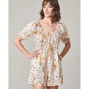 Spartina 449 Womens Audry Linen Romper Small Beige Floral Poppies Pockets